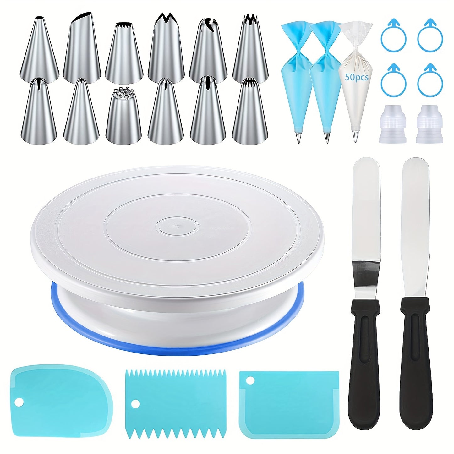 76pcs Stainless Steel Piping Nozzles Cake Turntable Set, 12 Nozzles, 1 Turntable, 2 Reusable Piping Bags, 50 Disposable Piping Bags, 4 Silicone Rings, 2 Converters, 2 Icing Spatulas, 3 Icing Scrapers, Cake Decorating, Nozzles