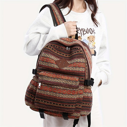 2025 vintage style backpack with adjustable straps, multiple compartments in brown, red, blue, and gray, large capacity travel and vacation backpack, travel backpack