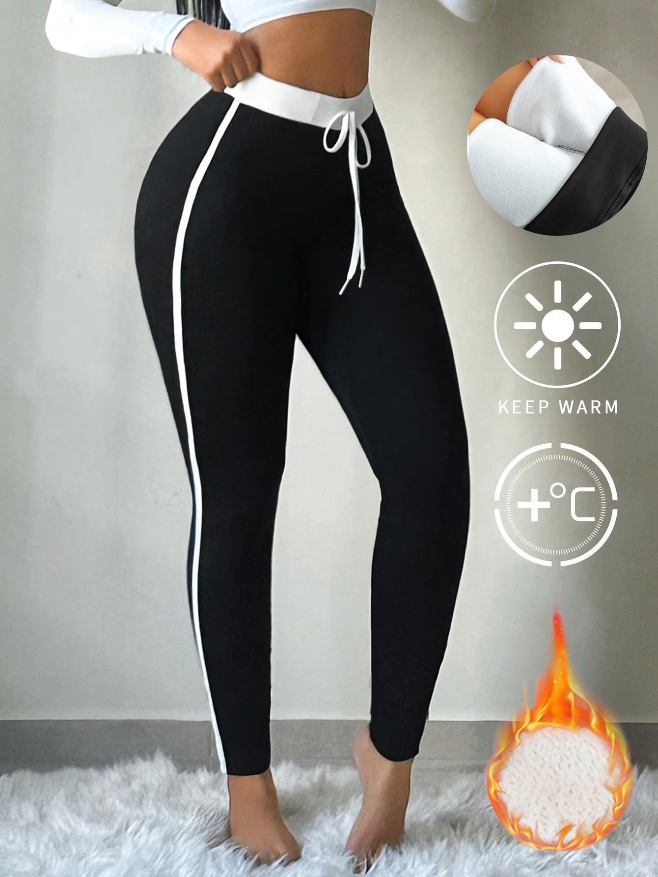 Women'S High-Waisted Thermal Leggings - Extreme Cold Weather Pants with Drawstring Waist, Non-Slip Grip, Stretchy Fleece-Lined Winter Pants for Gym, Running, Everyday - Black/White Color Block Design - Easy-Care Athletic Legg