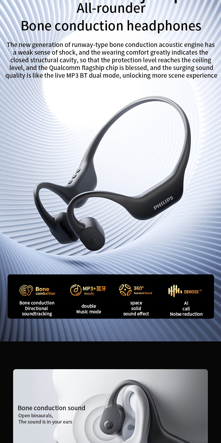 Philips bone conduction TAA6609 wireless headphones, all-round sports running wireless hanging ear open earset, ultra-long battery life, built-in 16G memory and wireless dual-mode convenient download song playback, swimming,