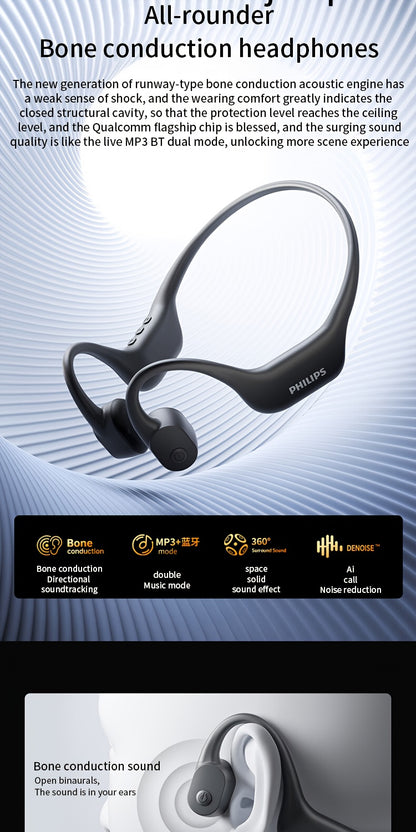 Philips bone conduction TAA6609 wireless headphones, all-round sports running wireless hanging ear open earset, ultra-long battery life, built-in 16G memory and wireless dual-mode convenient download song playback, swimming,