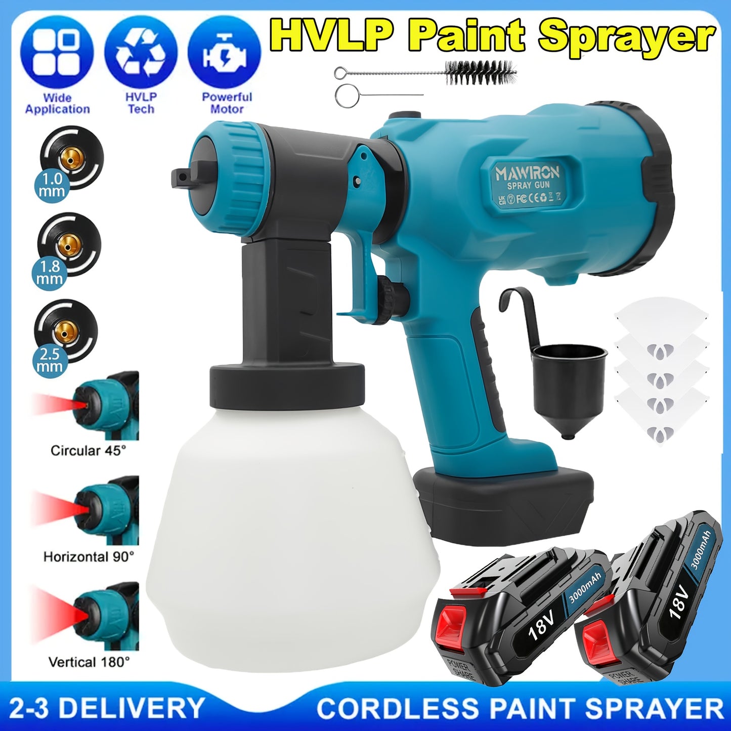 Fence Paint Sprayer with 2x 3000mAh Lithium Ion Batteries, HVLP Cordlss Paint Sprayer Compatible with Makita 18V Battery, 1000ml Tank 4 Nozzles And 2 Cleaning Tools, 3 Patterns Battery Spray Gun Paint Sprayer for Walls And Ce