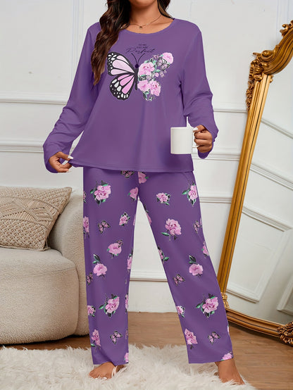 Adult Butterfly Print Pajama Set - Casual Spring/Fall Polyester Knit Fabric, Elasticity, Long Sleeve Pants, Home Pajama Set for Adults