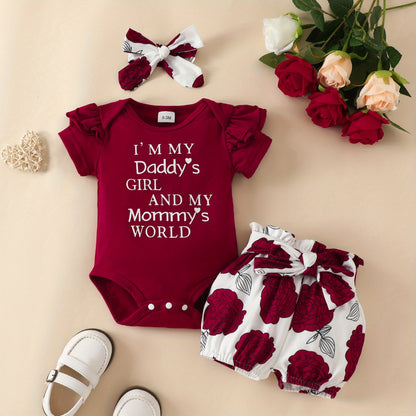 3pcs Short Sleeve & Shorts Set for Newborns - "I'm Daddy's Girl" Letter Print Pants and Headband, Mommy's World Alphabet Kids' Outfit, Perfect for Outdoor