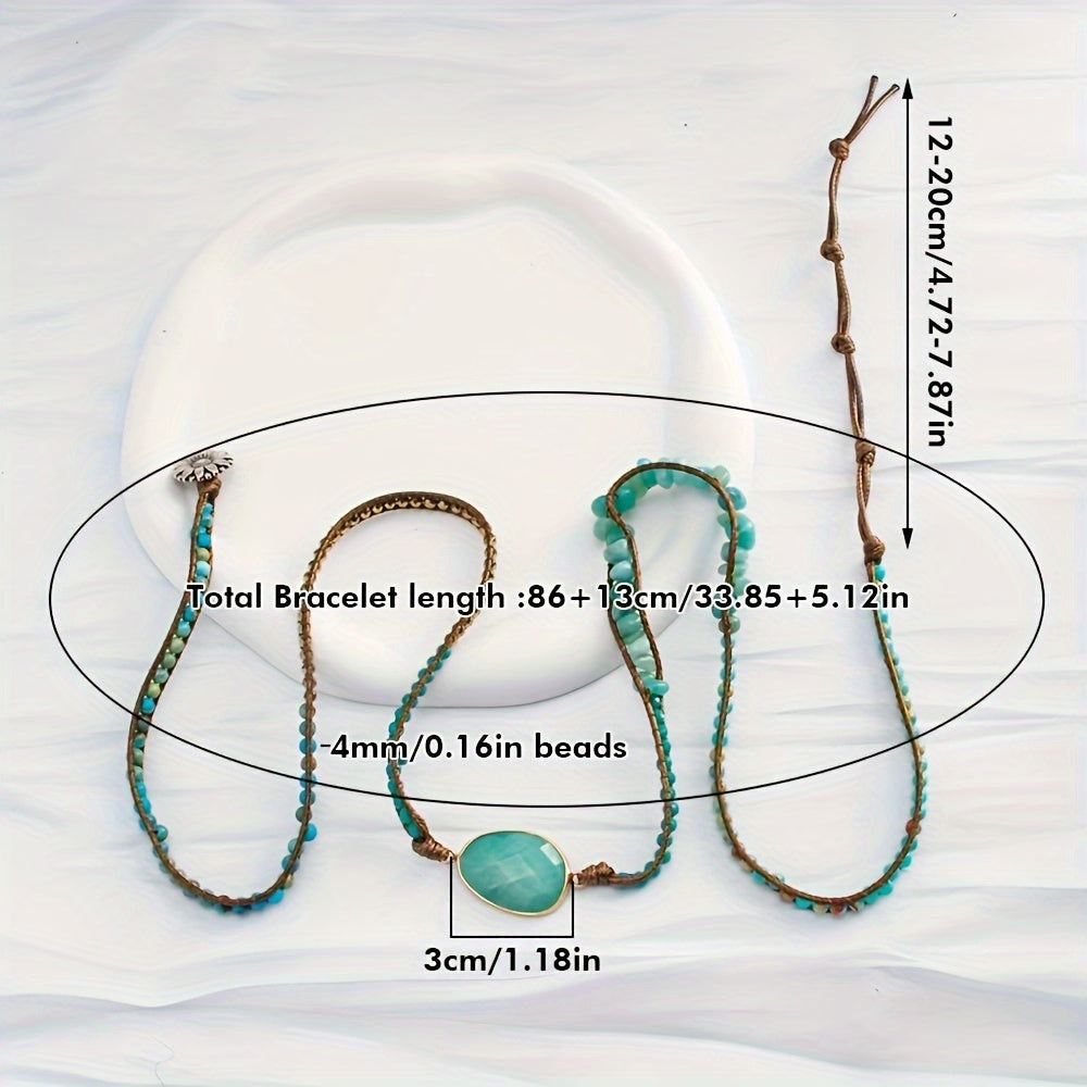 Bohemian Style Handmade Beaded Bracelet, Natural Stone Glass Wax Rope 5-Strand Wrap Bracelet for Women