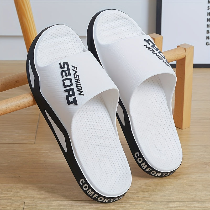Chinelo de homem em EVA com sola grossa e almofadada - Sandálias leves e respiráveis ​​para uso interior e exterior, com estampado de letras em branco e preto, ideais para casa, casa de banho, uso casual e como chinelo de quarto.
