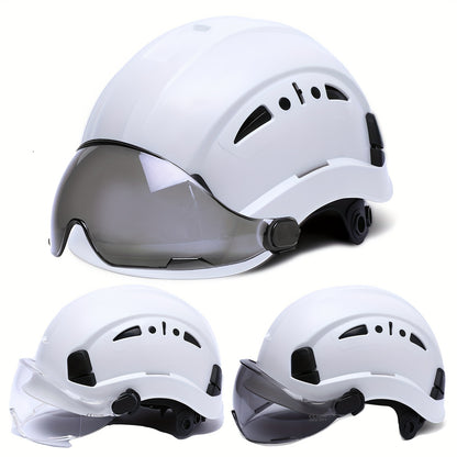 Capacete de segurança ajustável com viseira integrada - Plástico ABS durável, design ergonómico para utilização na construção civil e indústria, branco, equipamento de segurança para a construção, acabamento brilhante elegante, tiras de ajuste seguro.