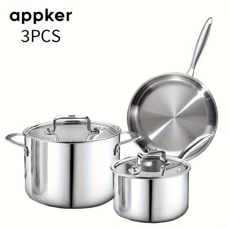 appker 3pcs Tri-Ply Clad Stainless Steel Cookware Set, Pots And Pans Kitchen Set with Tempered Glass Lids, Induction-Ready, Dishwasher-Safe, Silvery