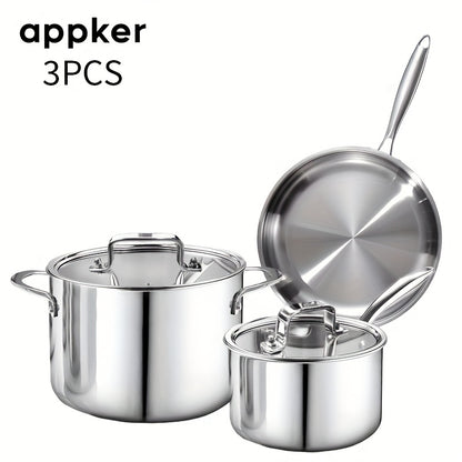 appker 3pcs Tri-Ply Clad Stainless Steel Cookware Set, Pots And Pans Kitchen Set with Tempered Glass Lids, Induction-Ready, Dishwasher-Safe, Silvery