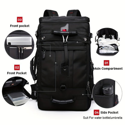 50L Large Capacity Convertible Backpack for Men - Black, Multi-Functional Hiking & Travel Bag with Laptop Compartment, Adjustable Straps, Durable Polyester Lining, Ideal for Outdoor Adventures, Sports, and Everyday Use, Trave