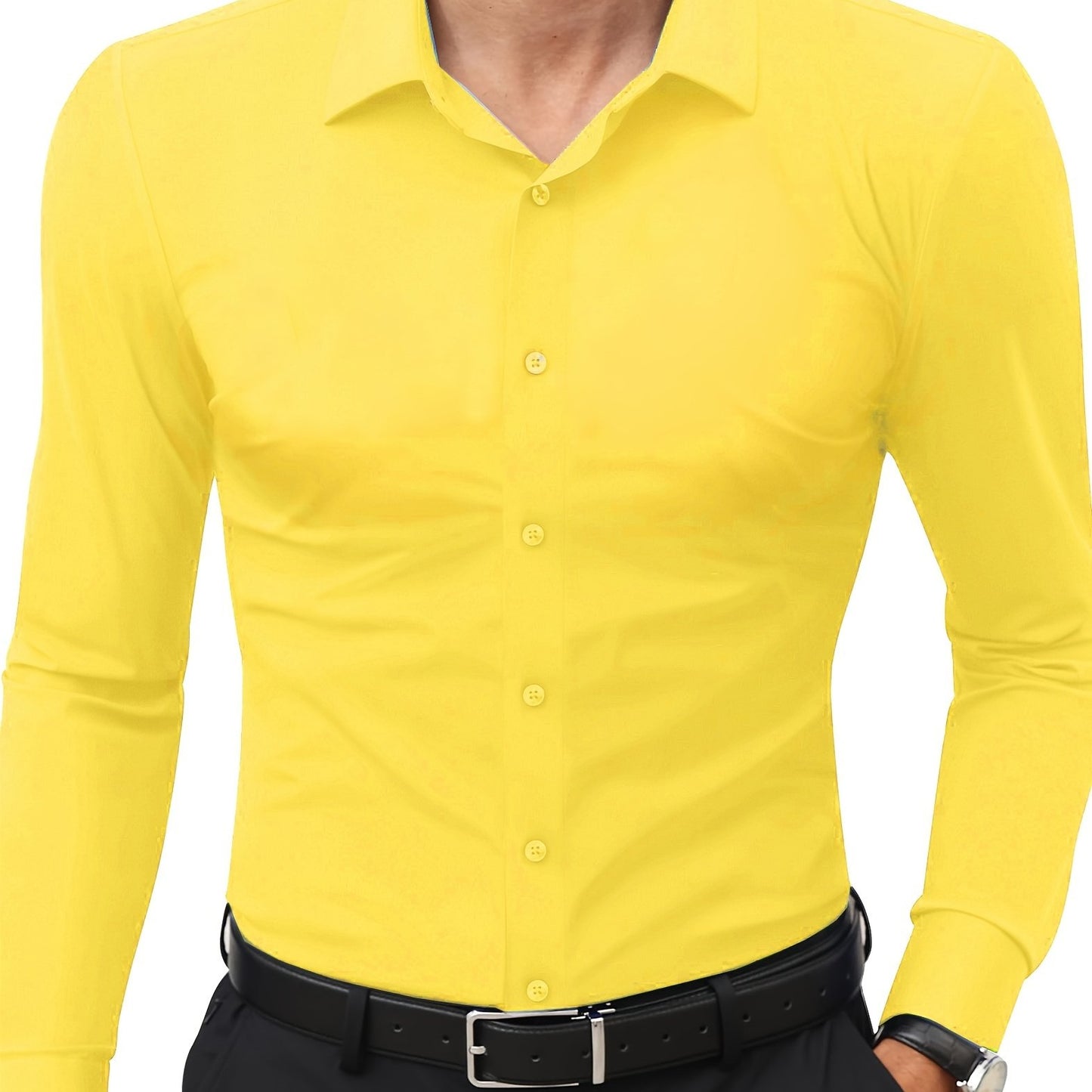 Men'S Slim Fit Long Sleeve Shirt - 55% Cotton, 40% Polyester, 5% Spandex, Solid Color, All-Season, Woven Fabric, Button-Up, Lapel Collar, Casual Weekend Wear, 125g/m²
