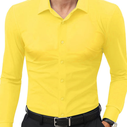 Men'S Slim Fit Long Sleeve Shirt - 55% Cotton, 40% Polyester, 5% Spandex, Solid Color, All-Season, Woven Fabric, Button-Up, Lapel Collar, Casual Weekend Wear, 125g/m²