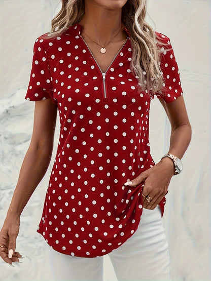 Polka Dots Print V Neck Blouse, Elegant Zipper Front Short Sleeve Blouse For Spring & Summer, Women's Clothing