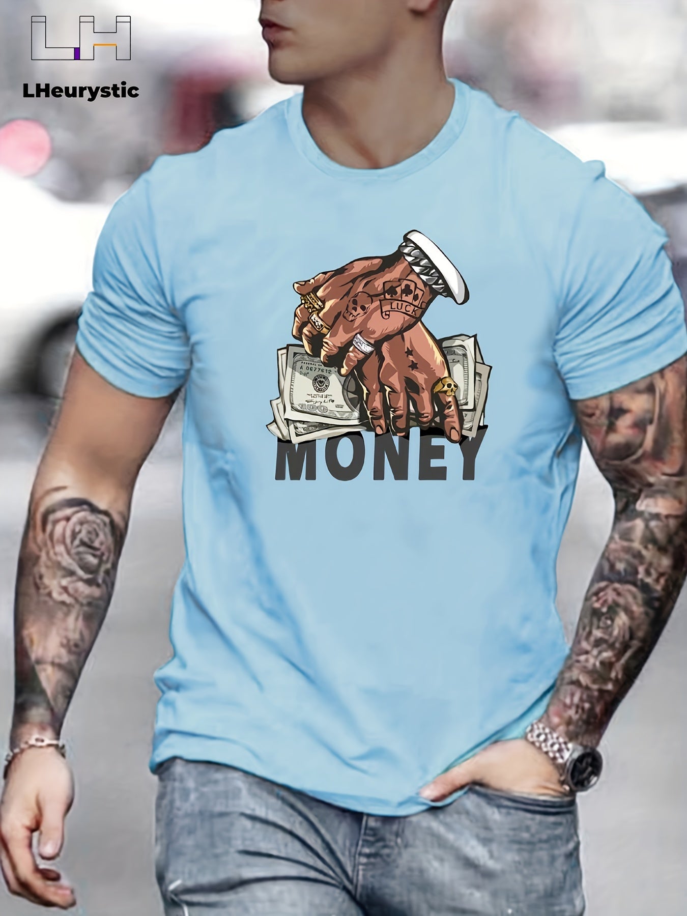 Cartoon Money & Hands Print, Men's Graphic Design Crew Neck Niche T-shirt, Casual Comfy Tees Tshirts For Summer, Men's Clothing Tops For Daily Vacation Resorts