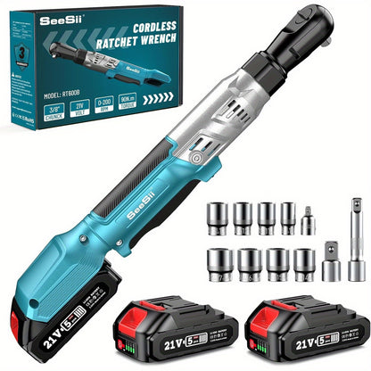 Seesii Cordless Ratchet 3/ 8", 90N.m 200RPM, 200RPM Power Ratchet Wrench 90N.m, 2 x 2.0A Batteries & Charger, Variable Speed Trigger, 8 Sockets, 1/ 4" & 1/ 2" Adapter, 3" Extension Bar