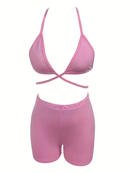 Sexy Solid Two-piece Set, Halter Neck Crop Top & Elastic Waist Shorts Outfits, Women's Clothing