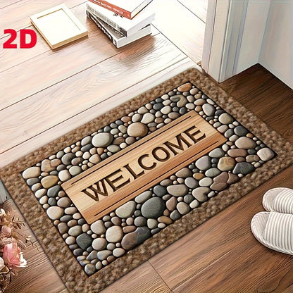 2D Welcome Home Non-Slip Door Mat - Durable, Machine Washable Mat with Stone Pattern & Wood Texture Design - Perfect for Farmhouse Decor, All-Season Use, Polyester Material, Welcoming Entrance Mat | Natural Look Mat | Wooden