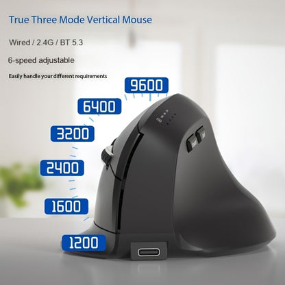 WOWSSYO Right-Handed Ergonomic Gaming Mouse - Wired + Wireless + BT Tri-Mode, 6-Speed Adjustable Optical, USB-C Rechargeable, Ergonomic Design for Laptop & Desktop Computers, Black/Red/Blue/Teal, Ergonomic Mouse, Computer Acc