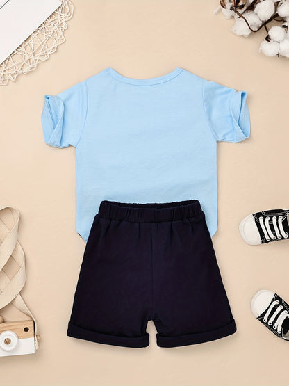 2pcs Baby Boys Summer Outfit Set - Cotton & Polyester Crew Neck T-Shirt with Stripes & Patch Detail, Short Sleeve, Drop Shoulder, Knit Fabric, with Matching Shorts with Belt & Fake Drawstring - Regular Fit, for Outdoor
