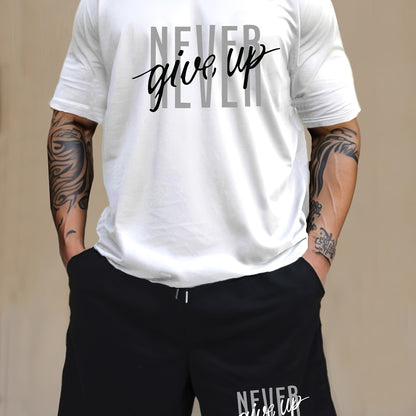 Men's Fashion NEVER GIVE UP Letter Print Loungewear Set, Short Sleeve Crew Neck Graphic T-shirt & Drawstring Shorts With Pockets, Casual Pajama Set, Men's 2piece Outfits