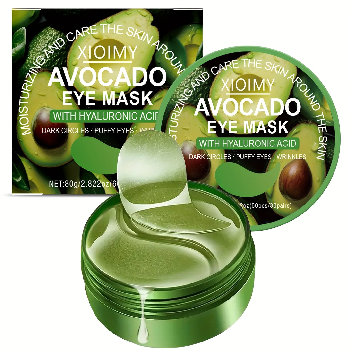 60pcs Avocado & Hyaluronic Acid Eye Masks - Intense Hydration & Brightening, Puffiness Reduction, Dark Circles & Wrinkles, Hypoallergenic for All Light Beige Types, Unisex Skincare, Avocado Eye Mask, Sleek Packaging, Natural