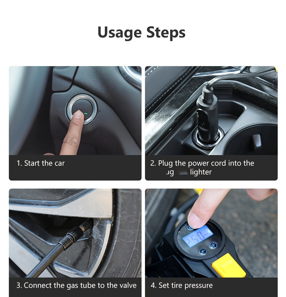 CaRSun Digital Tire Inflator, Portable Air Compressor Pump with LED Light for Cars, Motorcycles, Bicycles - DC 12V, 150 PSI, Black & Yellow Design, Plug-In Power Supply, No Battery Required, Bicycle Tire Inflator | Sleek Port