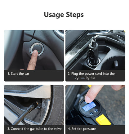 CaRSun Digital Tire Inflator, Portable Air Compressor Pump with LED Light for Cars, Motorcycles, Bicycles - DC 12V, 150 PSI, Black & Yellow Design, Plug-In Power Supply, No Battery Required, Bicycle Tire Inflator | Sleek Port