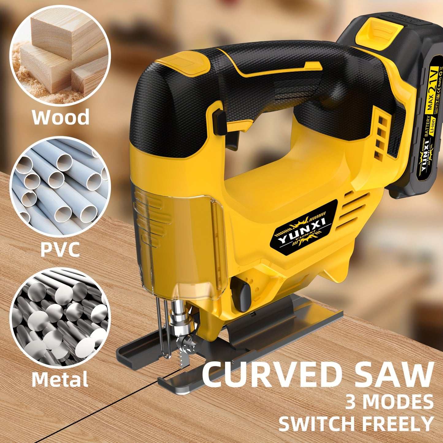 Charging Wireless Curve Saw, Electric Curve Saw, with 2 Batteries And Charger, Maximum Cutting Depth for Wood And Metal, Variable Speed, 45 Degree Oblique Cut, 3000 Revolutions Per Minute, Used for Cutting Wood, Metal And Pla