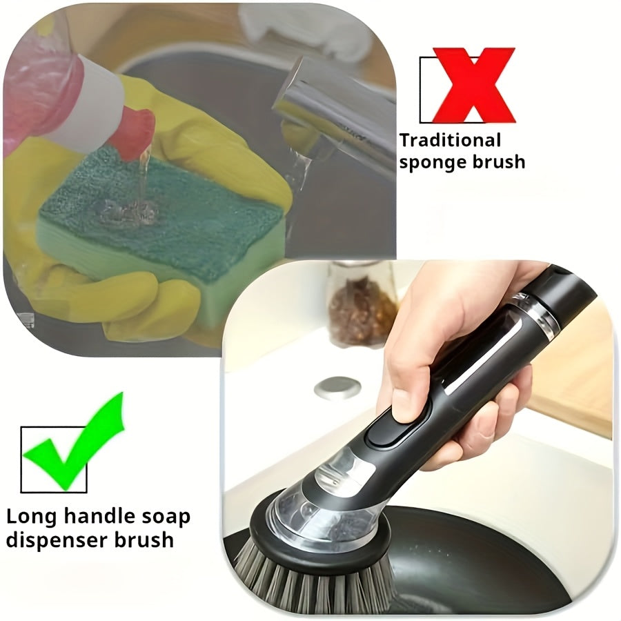Long Handle with Built-In Soap Dispenser Brush, Paired with 2 Replacement Brushes, Easy to Clean Kitchen Brush - Durable Plastic Dishwashing Brush, Efficient Cleaning