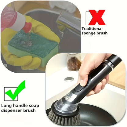 Long Handle with Built-In Soap Dispenser Brush, Paired with 2 Replacement Brushes, Easy to Clean Kitchen Brush - Durable Plastic Dishwashing Brush, Efficient Cleaning