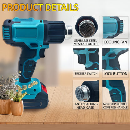Cordless Heat Gun, Hot Air Gun Compatible With Makita 18V Battery, Dual Temp Setting Max 1022°F (550°C), 3 Nozzle For Crafts, Shrinking PVC, Wrapping And Paint Stripping (No Battery)