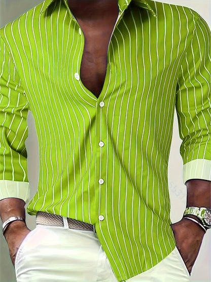 Casual Striped Men's Daily Thin Long Sleeve Button Up Shirt For Spring Summer Outdoor, Gift For Men
