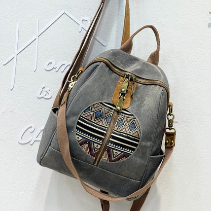 Bohemian Tribal Print Canvas Backpack with Adjustable Straps & Metal Hardware - Convertible Single/Double Shoulder Casual Daypack for Travel, School, Shopping - Zipper Closure & Polyester Lining, Backpack for Travel, Geometri