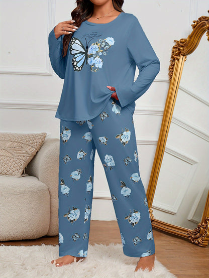 Adult Butterfly Print Pajama Set - Casual Spring/Fall Polyester Knit Fabric, Elasticity, Long Sleeve Pants, Home Pajama Set for Adults