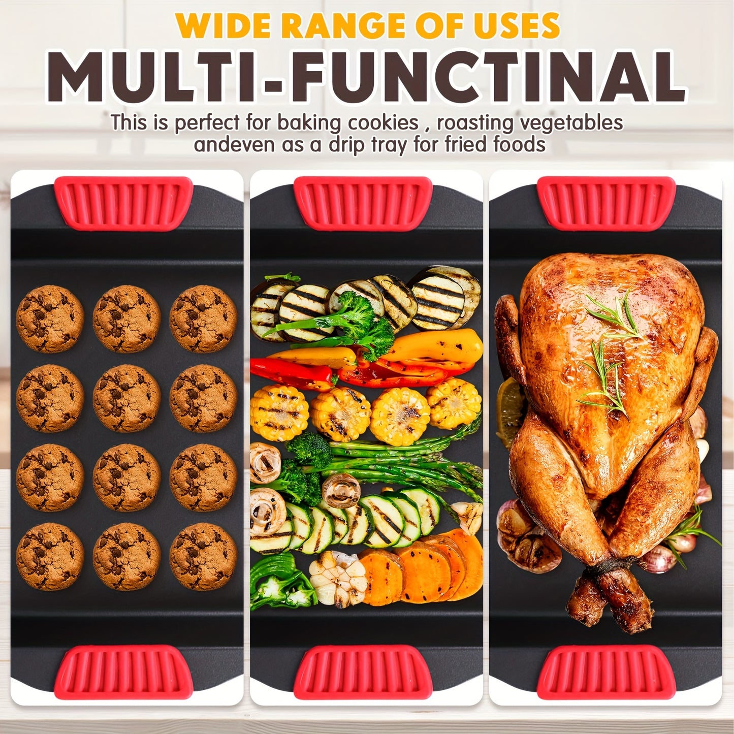 2pcs Set Non-Stick Baking Pan Set - Carbon Steel Baking Pan Set with Heat Resistant Red Silicone Handle, Oven Safe up to 450F (232.2C) Square Frying Pan, Cookie Sheet, Baking Pan, Black