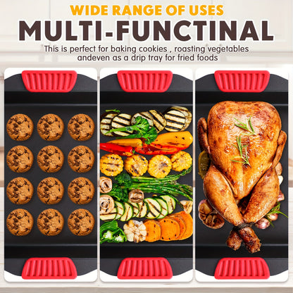 2pcs Set Non-Stick Baking Pan Set - Carbon Steel Baking Pan Set with Heat Resistant Red Silicone Handle, Oven Safe up to 450F (232.2C) Square Frying Pan, Cookie Sheet, Baking Pan, Black