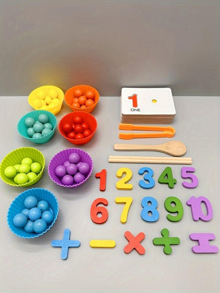 Wooden Number Counting Game for - Educational Preschool Math Learning Toy with Colorful Beads, Matching Cards and Clipping Tweezers for Cognitive Skills Development, Age 3+