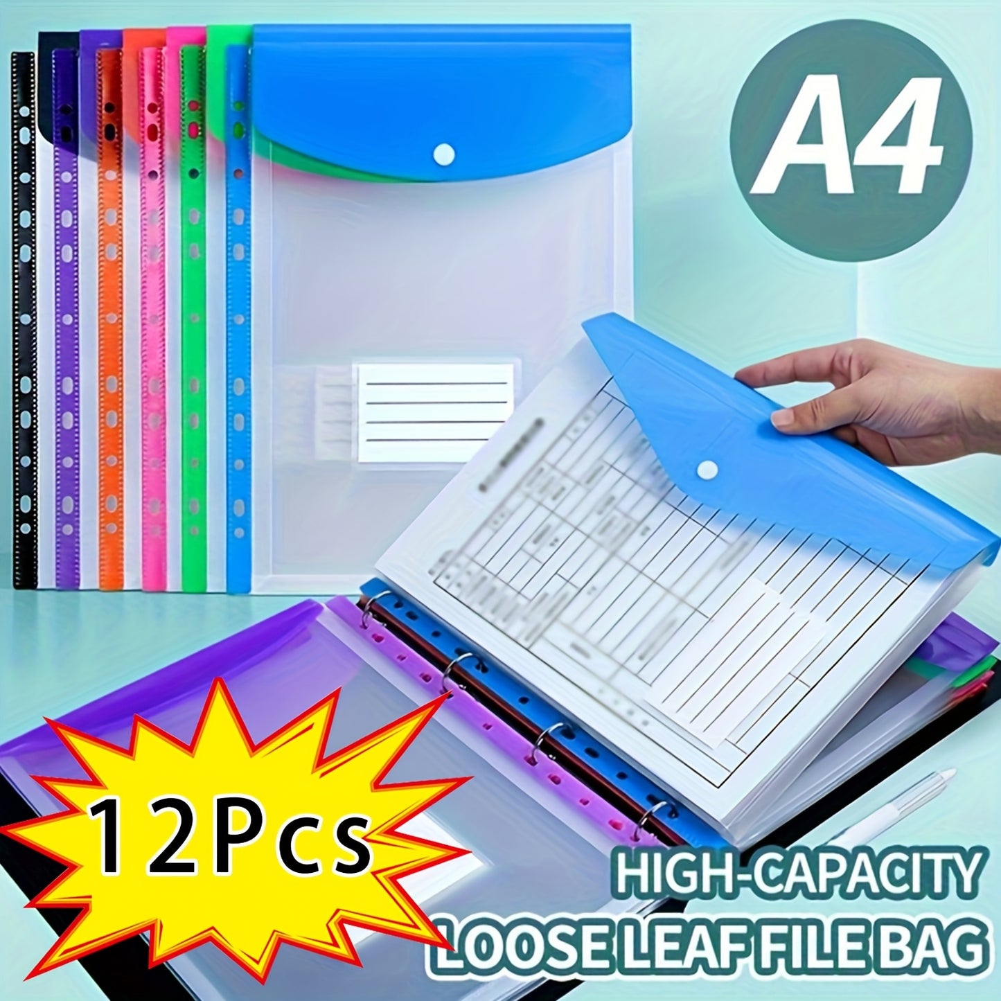 12-Pack A4 Expanding File Folders - 11-Ring Binder Pockets with Push Button, Durable PP Document Organizer for School/Office/Travel/halloween