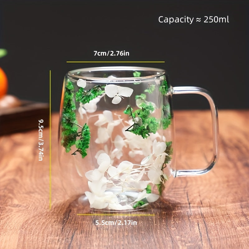 1pc, Flowers Inside Glass Coffee Mug, High Borosilicate Glass Double-Walled Espresso Coffee Cups, Heat Insulated Water Cups, Summer Winter Drinkware, Birthday Gifts