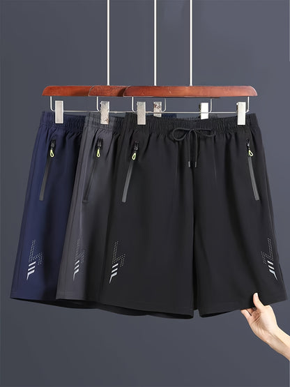 3pcs Men's Lightweight Quick-Dry Athletic Running Shorts - Loose Fit Plus Size, Zipper Pocket & Elastic Waistband, Polyester/Elastane Blend Swim Shorts with White & Black Design for Gym, Beach, Jogging - Summer Workout Swim T