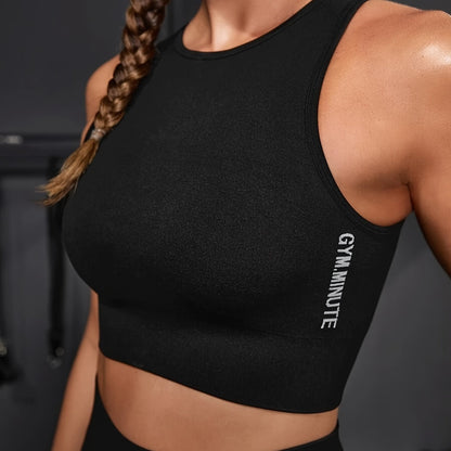 Women's Seamless Yoga Sports Bra Sleeveless Round Neck Medium Support Workout Top - Breathable Stretch Fabric, Letter Design, Machine Washable for Gym Training & Fitness, Activewear Essentials, Stylish Activewear, Durable Con