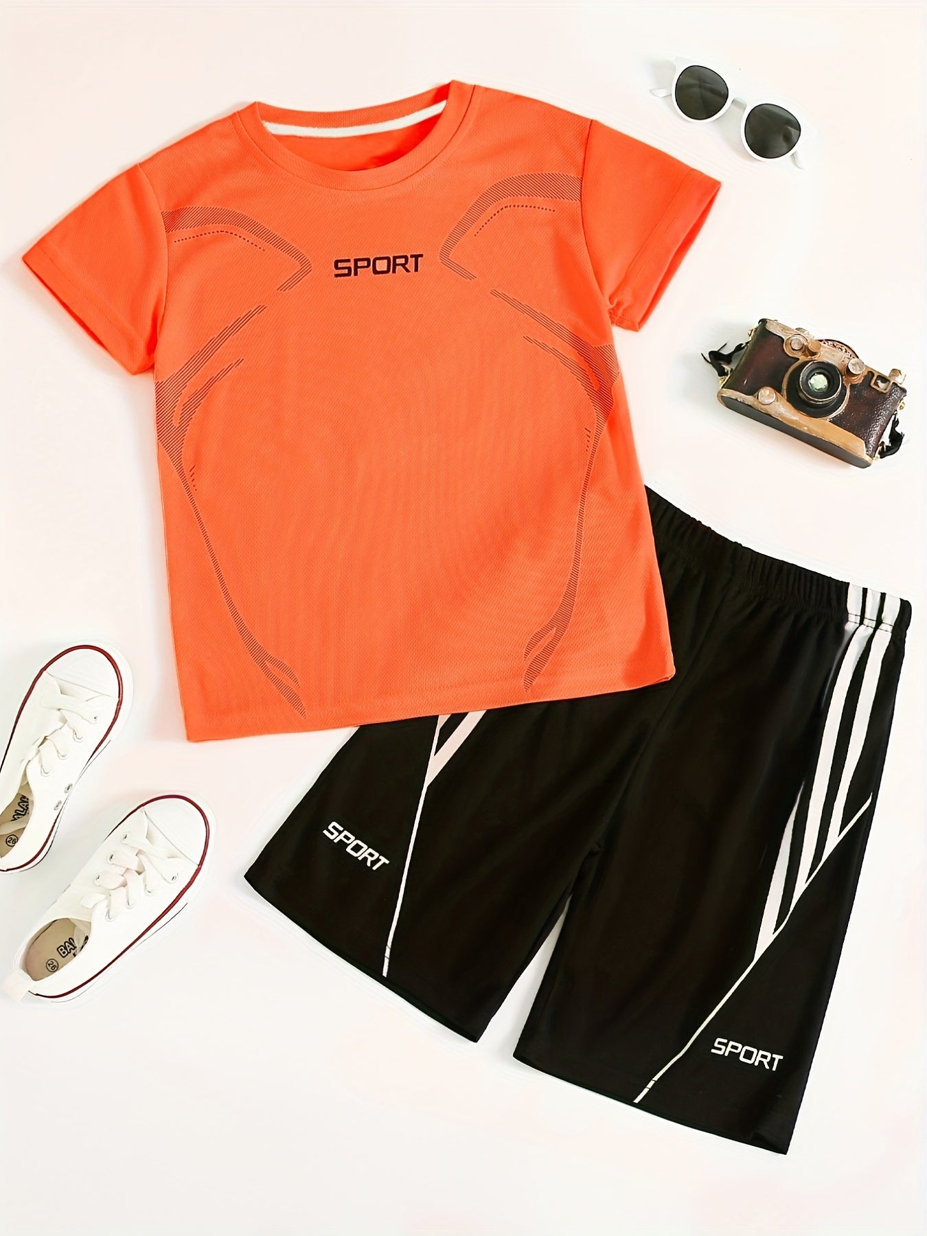 2pcs Boy's "Sport" Outfit Short Sleeves Round Neck T-shirt & Shorts Casual For Summer Daily And Outdoor Wear