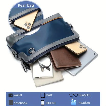 Men's Luxury Multi-Functional Handbag & Wallet in One - Dark Navy Blue/Black with Golden-Tone Hardware, Soft Silky Texture, Golden-Tone Hardware, Zipper Closure & Detachable Strap - Travel, Commute, Formal & Everyday Use - Id