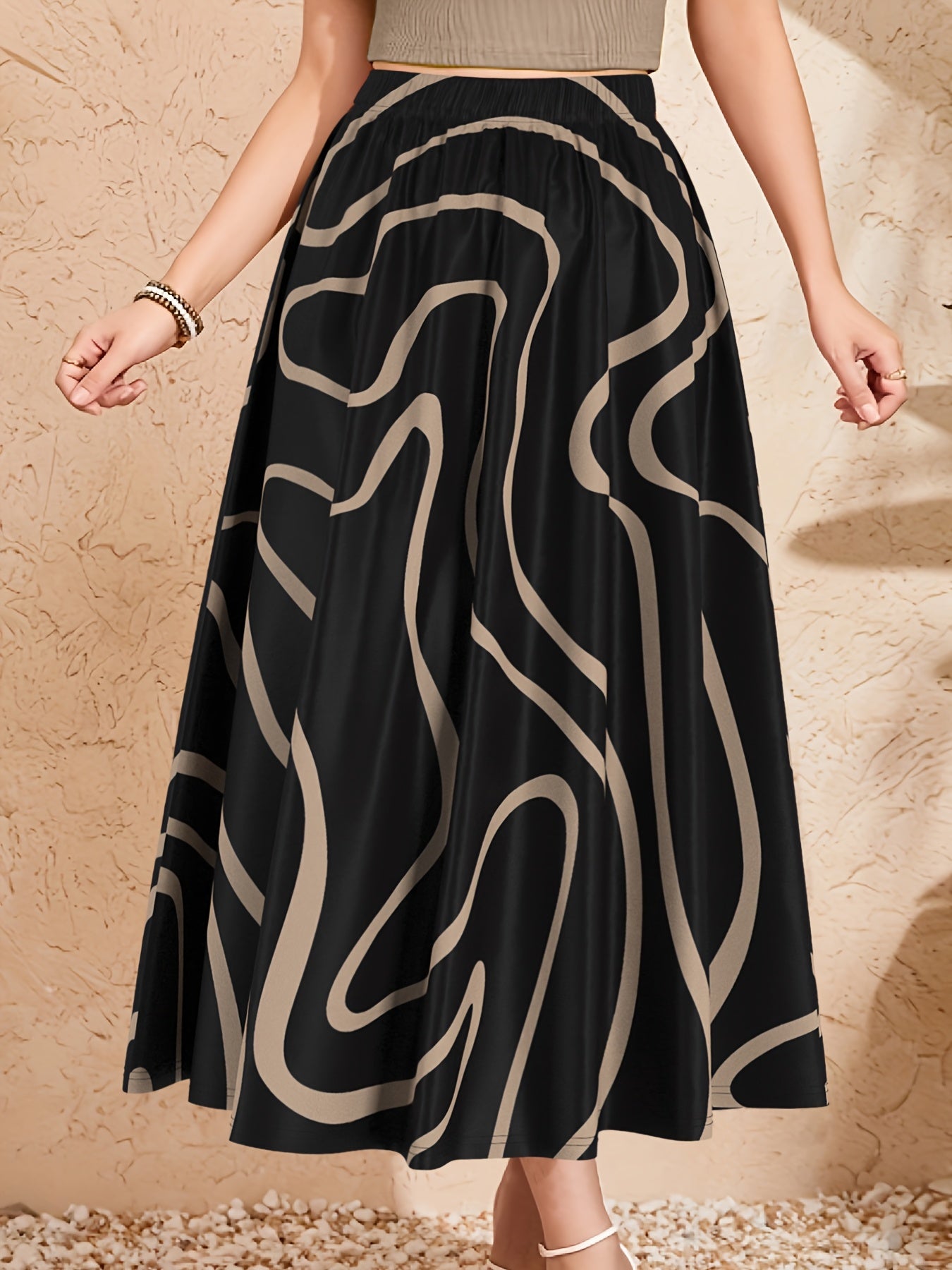 Women's Elegant Midi Skirt with Elastic Waistband - Black & Beige Geometric Print A-Line Skirt, 120g Fabric for Casual, Office & Vacation Wear - Machine Washable, Comfortable Fit