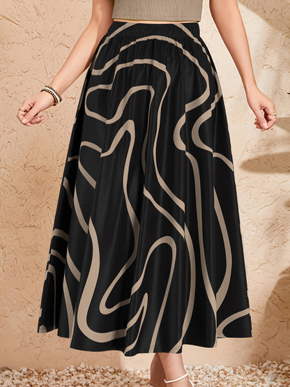 Women's Elegant Midi Skirt with Elastic Waistband - Black & Beige Geometric Print A-Line Skirt, 120g Fabric for Casual, Office & Vacation Wear - Machine Washable, Comfortable Fit