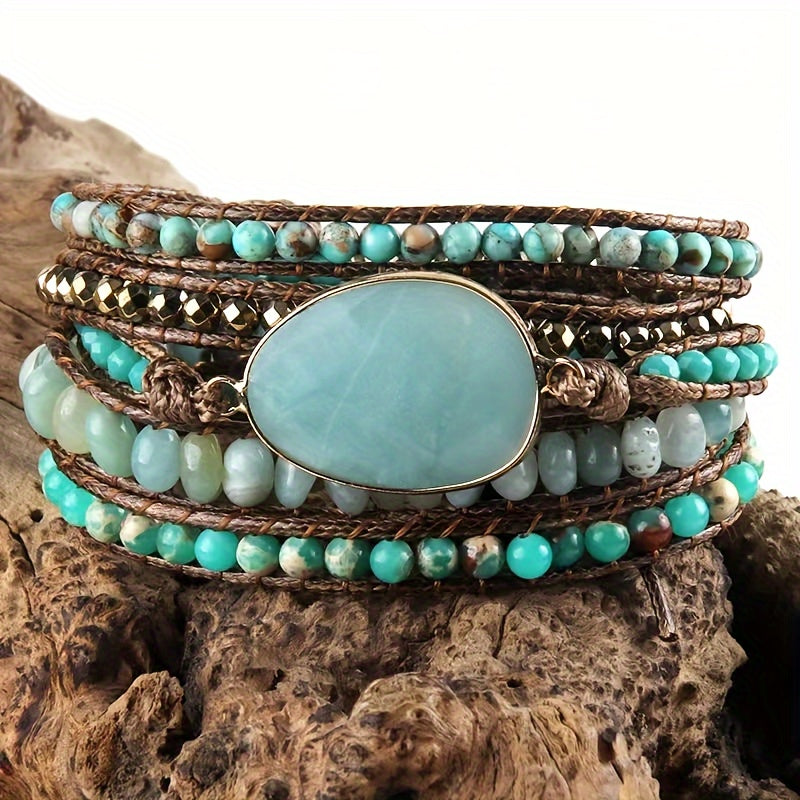 Bohemian Style Handmade Beaded Bracelet, Natural Stone Glass Wax Rope 5-Strand Wrap Bracelet for Women