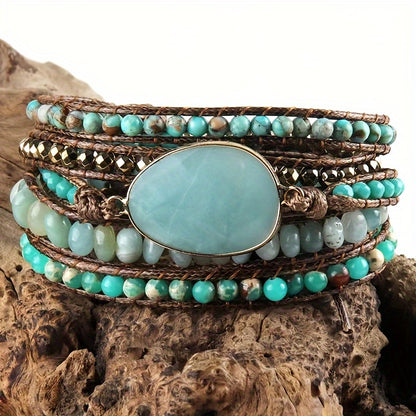Bohemian Style Handmade Beaded Bracelet, Natural Stone Glass Wax Rope 5-Strand Wrap Bracelet for Women