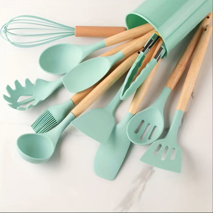 12pcs, Silicone Utensil Set, Khaki Kitchen Utensil Set With Wooden Handle, Safety Cooking Utensils Set, Non-Stick Kitchen Tools Set, Washable Modern Cookware, Kitchen Stuff, Kitchen Gadgets Kitchen Accessories