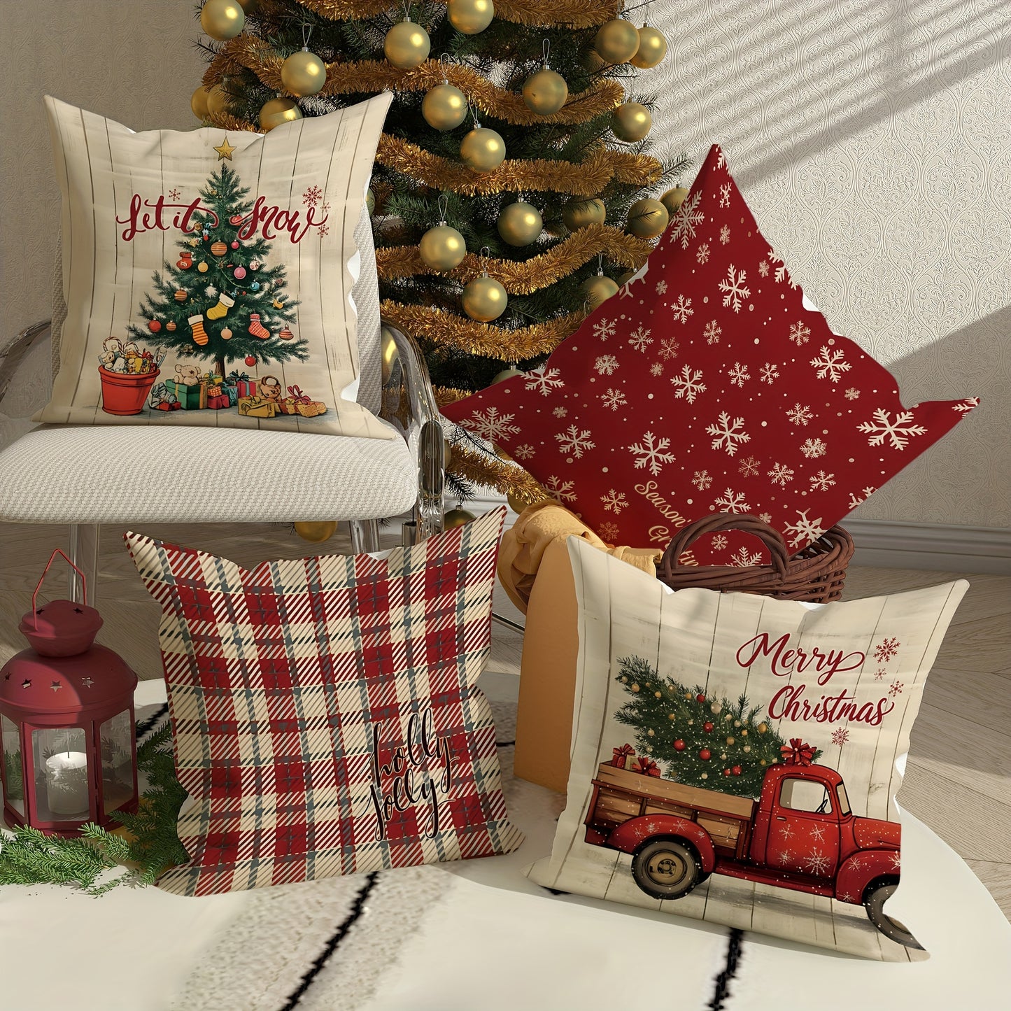 4pcs Set, Christmas Tree Snowflake Truck Buffalo Plaid Pillow Covers, Farmhouse Rustic Red Green Cozy Soft Decorative Pillowcases, Single-Sided Print, Christmas Winter Living Room Bedroom Sofa Bed Decor, No Insert