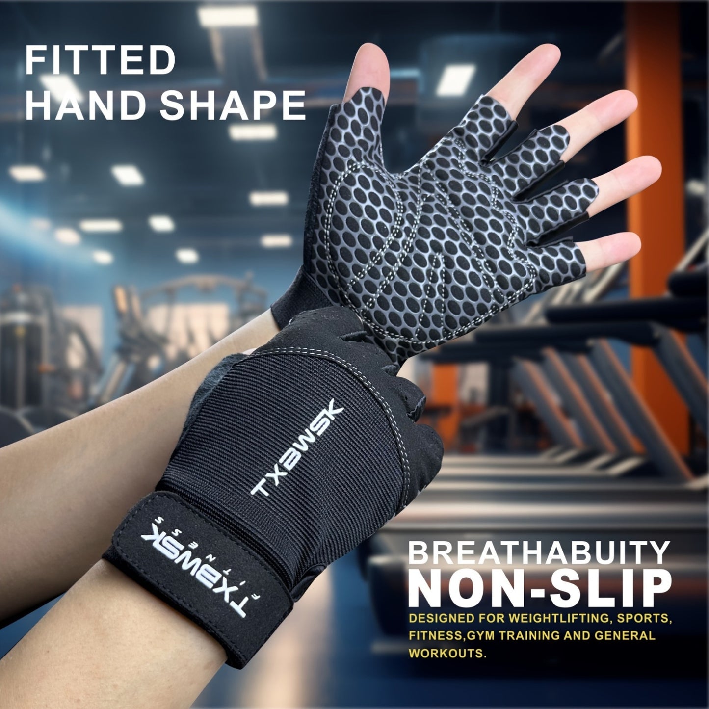 Unisex Fitness Gloves with Full Palm Anti-Slip Silicone, 5mm Cushioned Sponge, Half-Finger Professional Half-Finger Gloves for Outdoor Sports Cycling, Adjustable Wrist Strap, Ergonomic Design, Gym Accessories